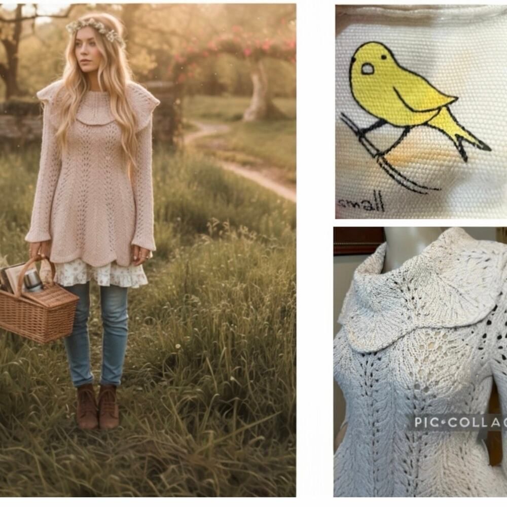 Anthropologie Yellow Bird Crochet Knit Cowl Neck Sweater Small BOHO Cottagecore